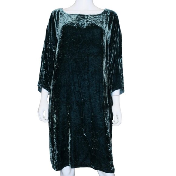 Eileen Fisher Rayon Silk Velvet Tunic Dress Women's XL Holiday Green Pockets - Picture 1 of 4